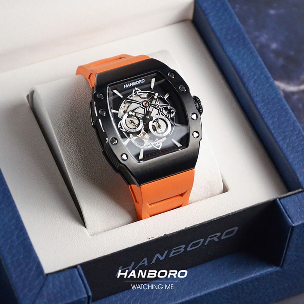 HANBORO | 991系列 991BBR |  黑色錶框 飛輪全自動 鏤空設計機械錶 橘色橡膠錶帶 盒裝正面