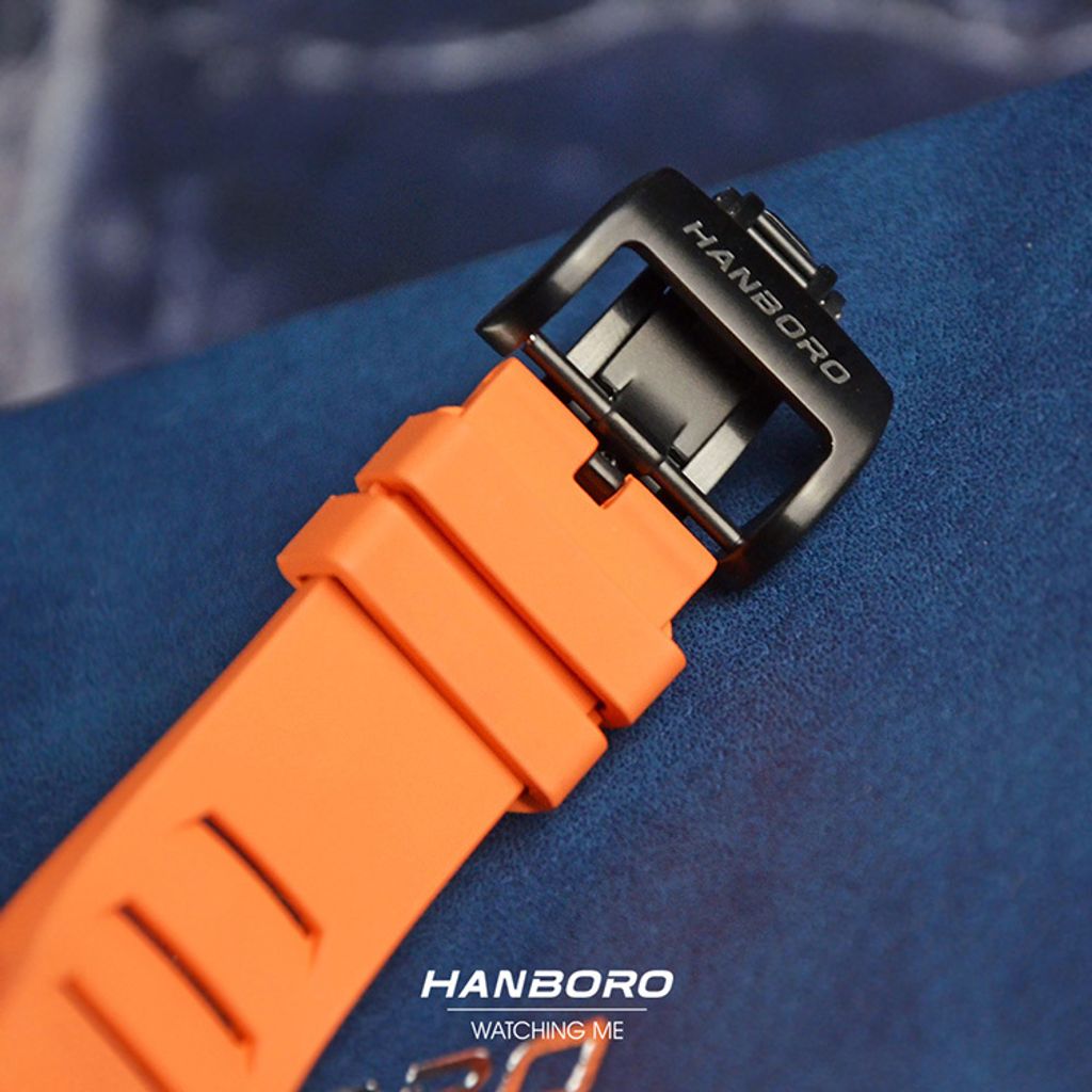 HANBORO | 991系列 991BBR |  黑色錶框 飛輪全自動 鏤空設計機械錶 橘色橡膠錶帶 錶扣細節