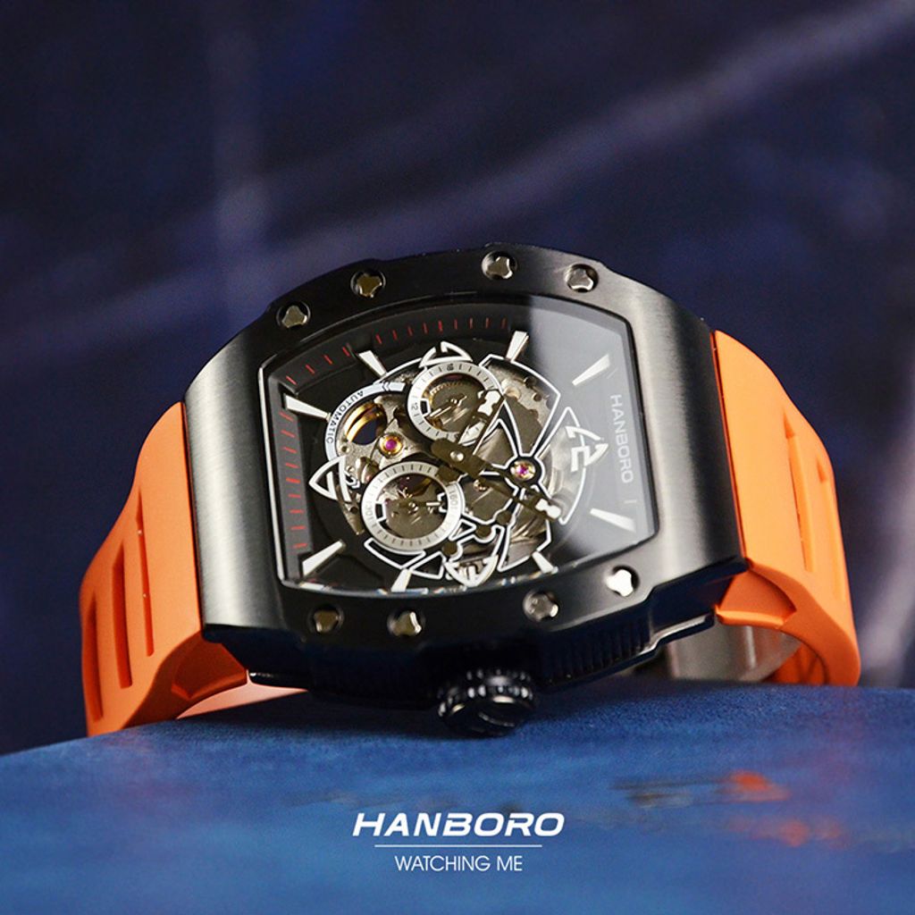 HANBORO | 991系列 991BBR |  黑色錶框 飛輪全自動 鏤空設計機械錶 橘色橡膠錶帶 錶面細節