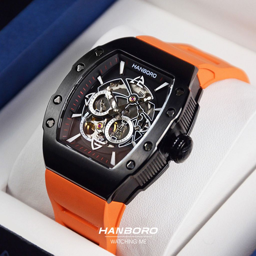 HANBORO | 991系列 991BBR |  黑色錶框 飛輪全自動 鏤空設計機械錶 橘色橡膠錶帶 盒裝右側