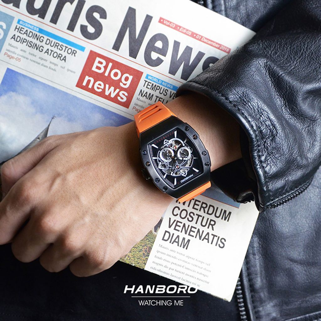 HANBORO | 991系列 991BBR |  黑色錶框 飛輪全自動 鏤空設計機械錶 橘色橡膠錶帶 實戴展示