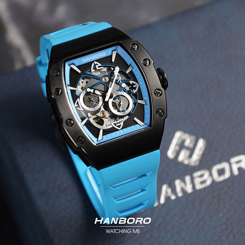 HANBORO | 991系列 991BBN |  黑色錶框 飛輪全自動 鏤空設計機械錶 天藍橡膠錶帶 正左側