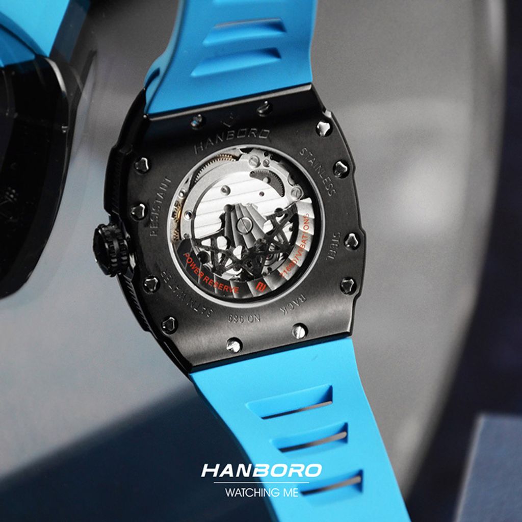HANBORO | 991系列 991BBN |  黑色錶框 飛輪全自動 鏤空設計機械錶 天藍橡膠錶帶 實體背面細節