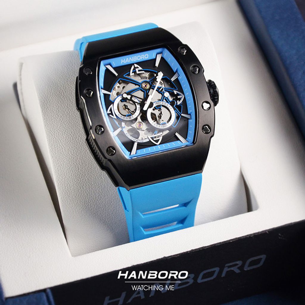 HANBORO | 991系列 991BBN |  黑色錶框 飛輪全自動 鏤空設計機械錶 天藍橡膠錶帶 盒裝正面