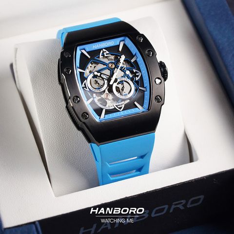 HANBORO | 991系列 991BBN |  黑色錶框 飛輪全自動 鏤空設計機械錶 天藍橡膠錶帶 盒裝正面