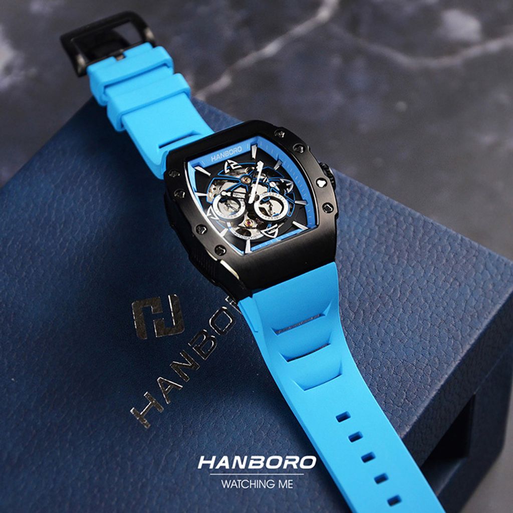HANBORO | 991系列 991BBN |  黑色錶框 飛輪全自動 鏤空設計機械錶 天藍橡膠錶帶 平攤展示