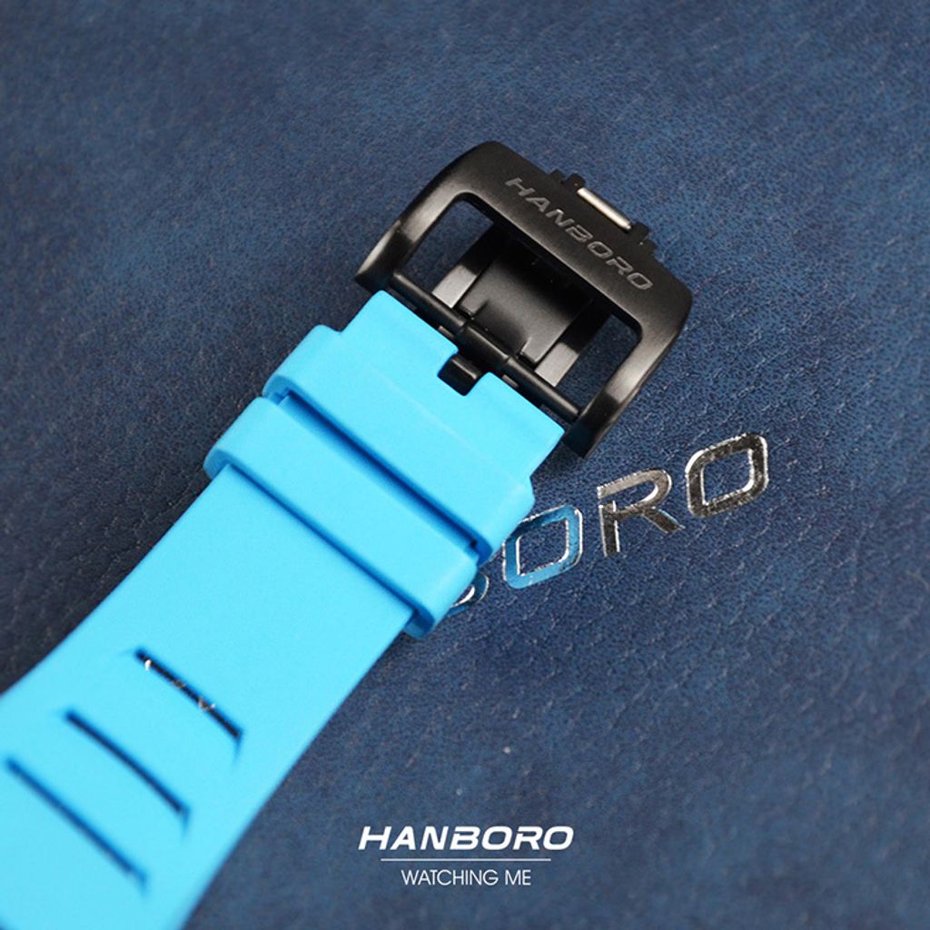 HANBORO | 991系列 991BBN |  黑色錶框 飛輪全自動 鏤空設計機械錶 天藍橡膠錶帶 錶扣細節