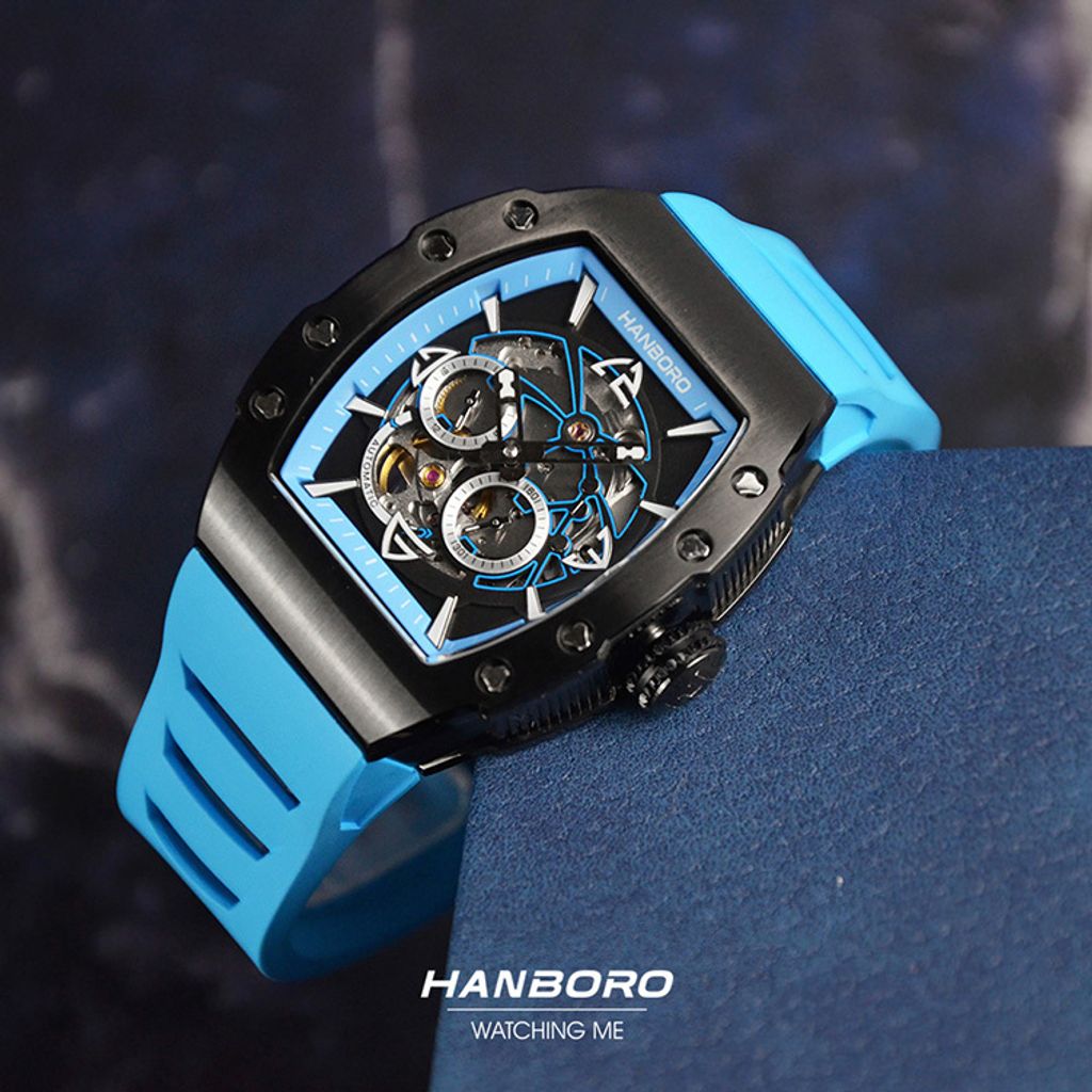 HANBORO | 991系列 991BBN |  黑色錶框 飛輪全自動 鏤空設計機械錶 天藍橡膠錶帶 實體錶面細節