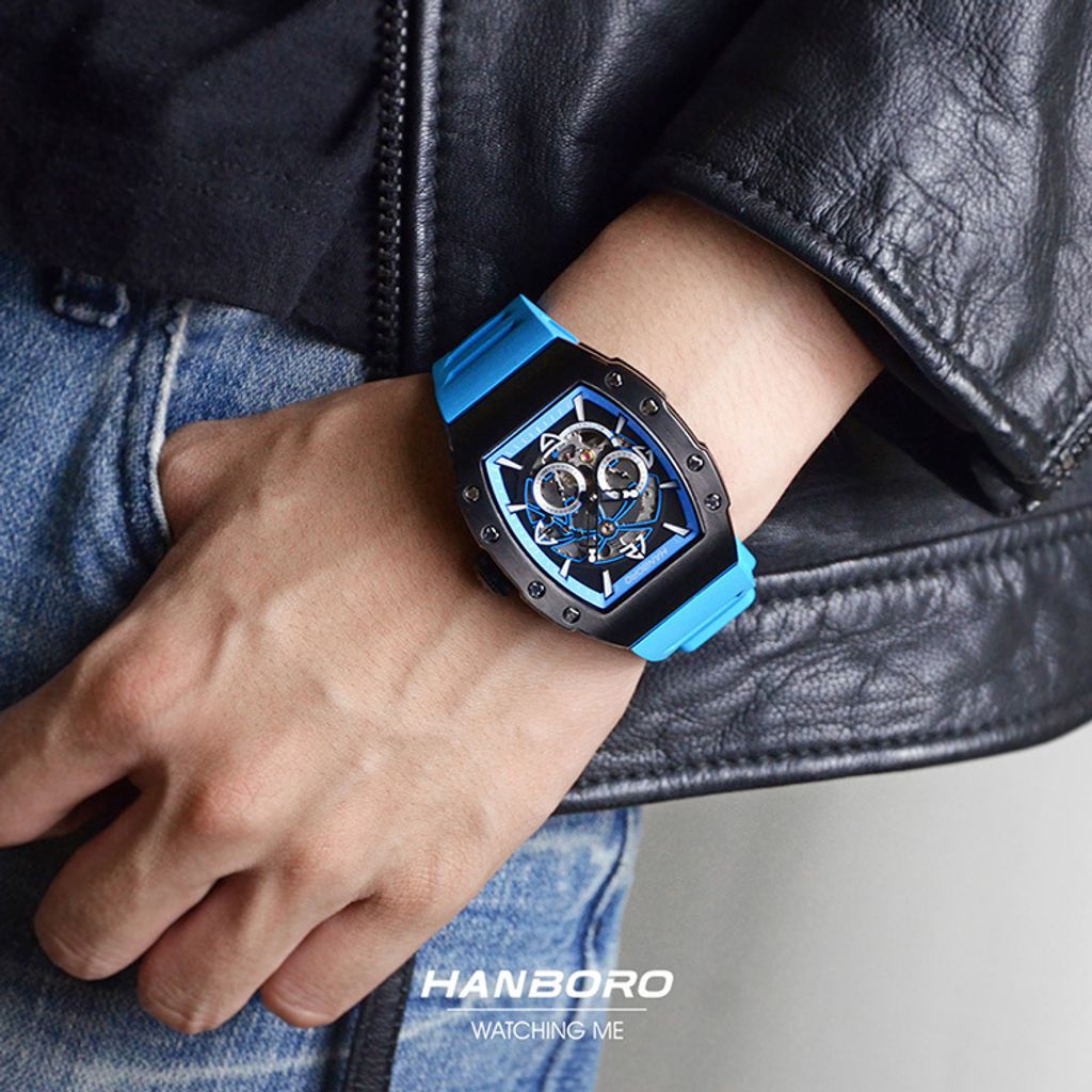 HANBORO | 991系列 991BBN |  黑色錶框 飛輪全自動 鏤空設計機械錶 天藍橡膠錶帶 實戴展示