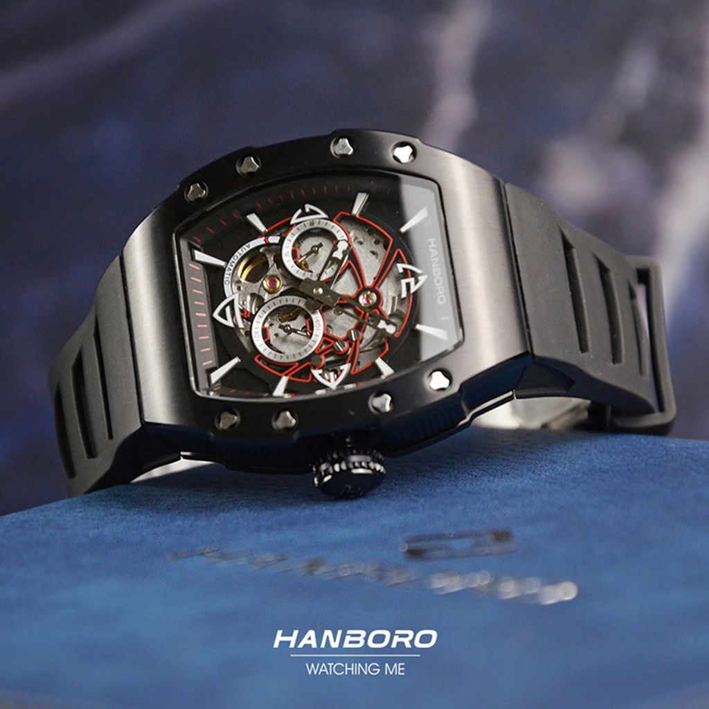 HANBORO | 991系列 991BBB | 沉穩全黑 飛輪全自動 鏤空設計機械錶 橡膠錶帶 錶面細節