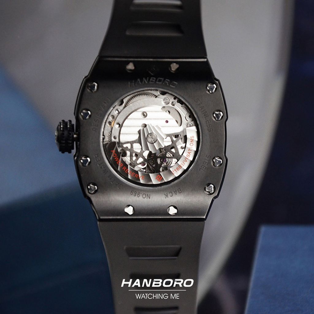 HANBORO | 991系列 991BBB | 沉穩全黑 飛輪全自動 鏤空設計機械錶 橡膠錶帶 背面細節