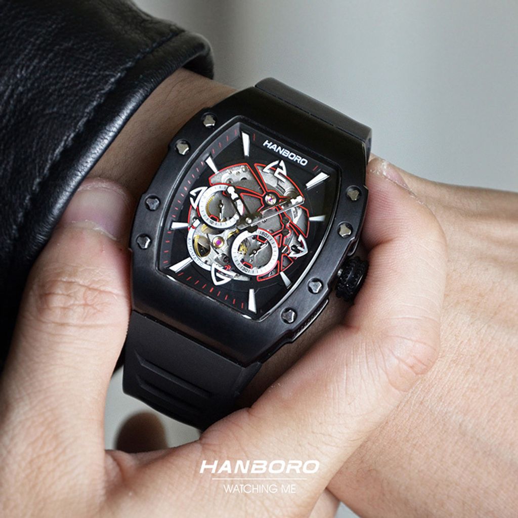 HANBORO | 991系列 991BBB | 沉穩全黑 飛輪全自動 鏤空設計機械錶 橡膠錶帶 實戴細節