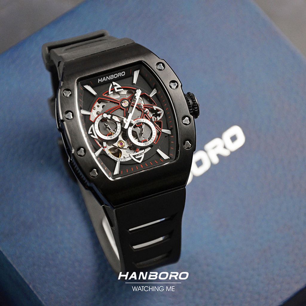 HANBORO | 991系列 991BBB | 沉穩全黑 飛輪全自動 鏤空設計機械錶 橡膠錶帶 實體正側面