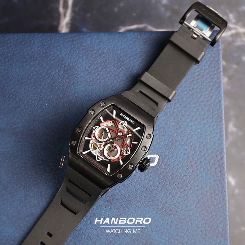 HANBORO | 991系列 991BBB | 沉穩全黑 飛輪全自動 鏤空設計機械錶 橡膠錶帶 平攤展示