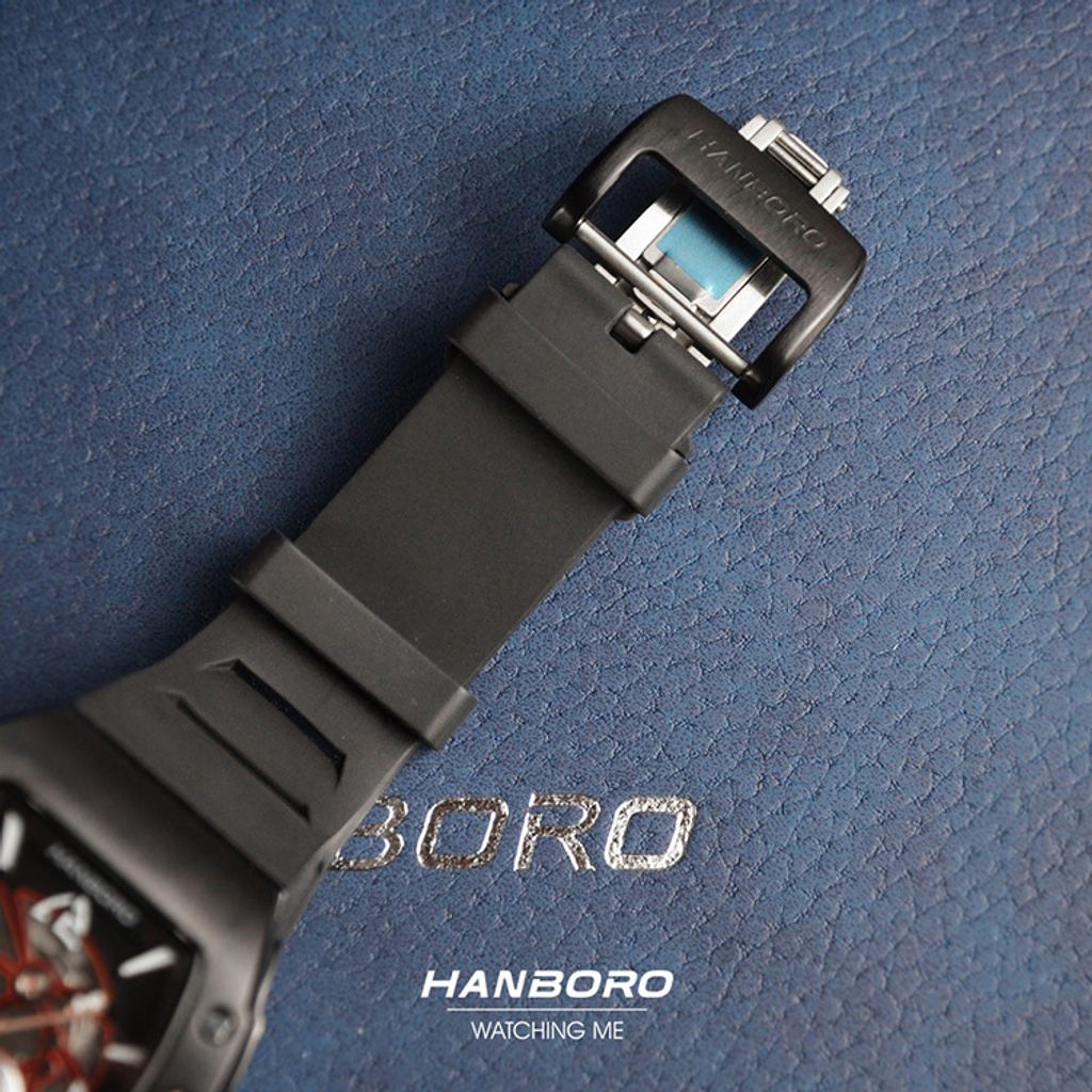 HANBORO | 991系列 991BBB | 沉穩全黑 飛輪全自動 鏤空設計機械錶 橡膠錶帶 錶扣細節