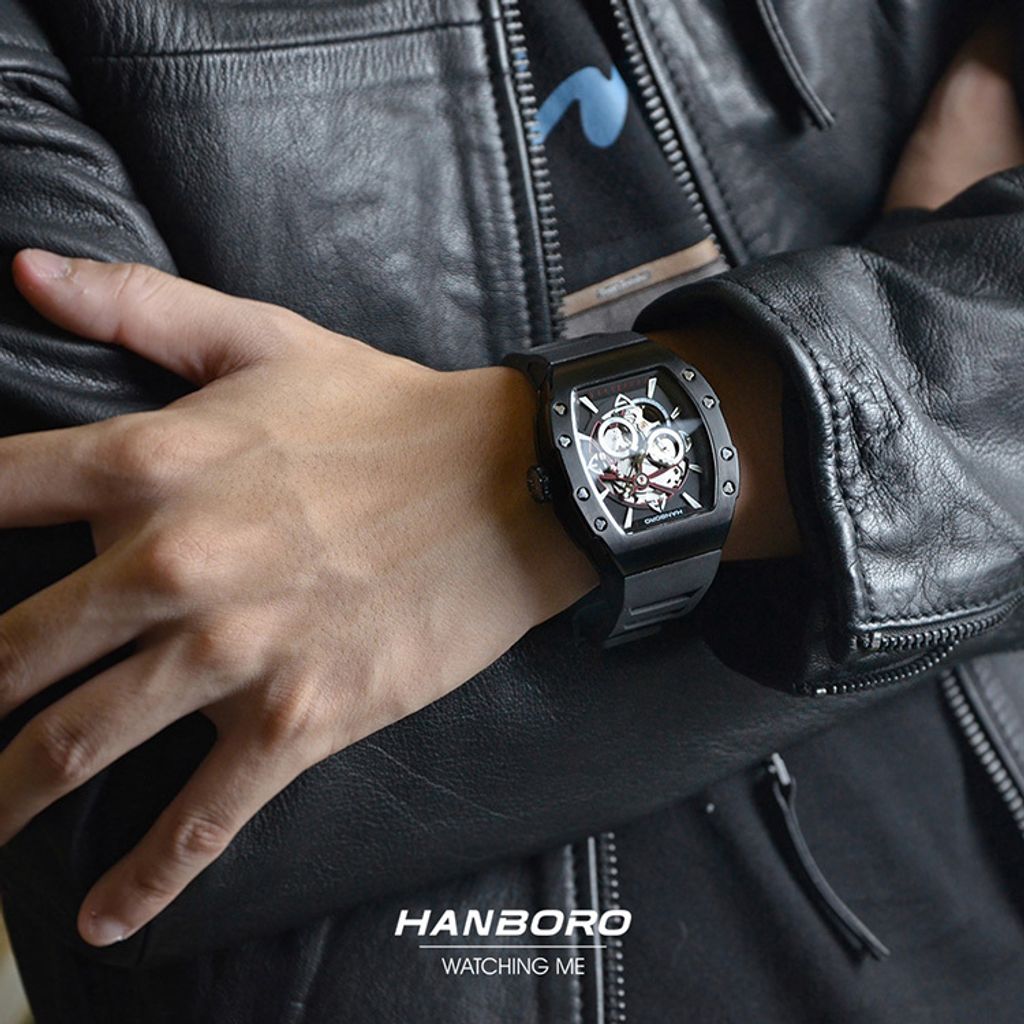 HANBORO | 991系列 991BBB | 沉穩全黑 飛輪全自動 鏤空設計機械錶 橡膠錶帶 實戴展示