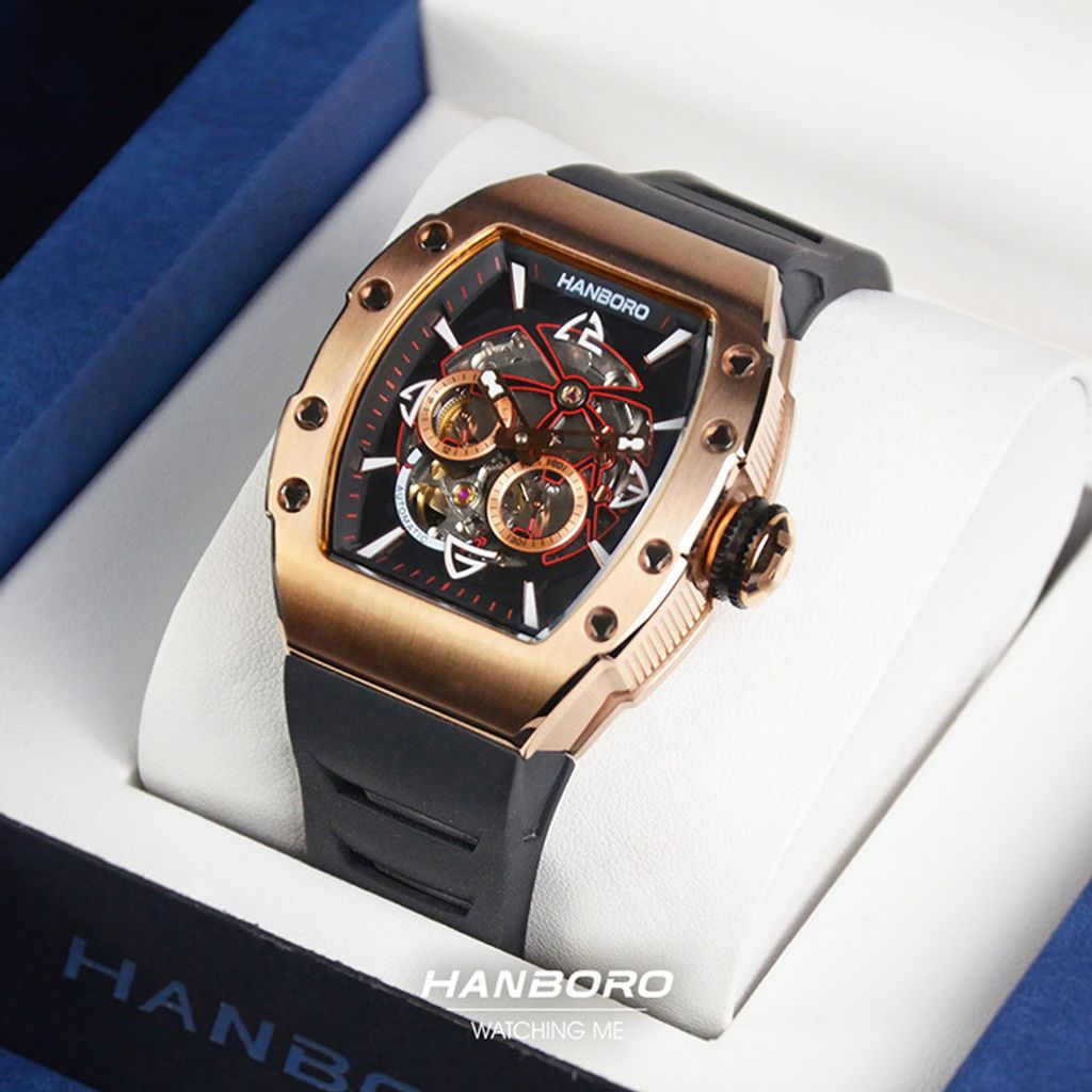 HANBORO | 991系列 991RBB | 玫瑰金錶框 飛輪全自動 鏤空設計機械錶 黑色橡膠錶帶 盒裝正側面