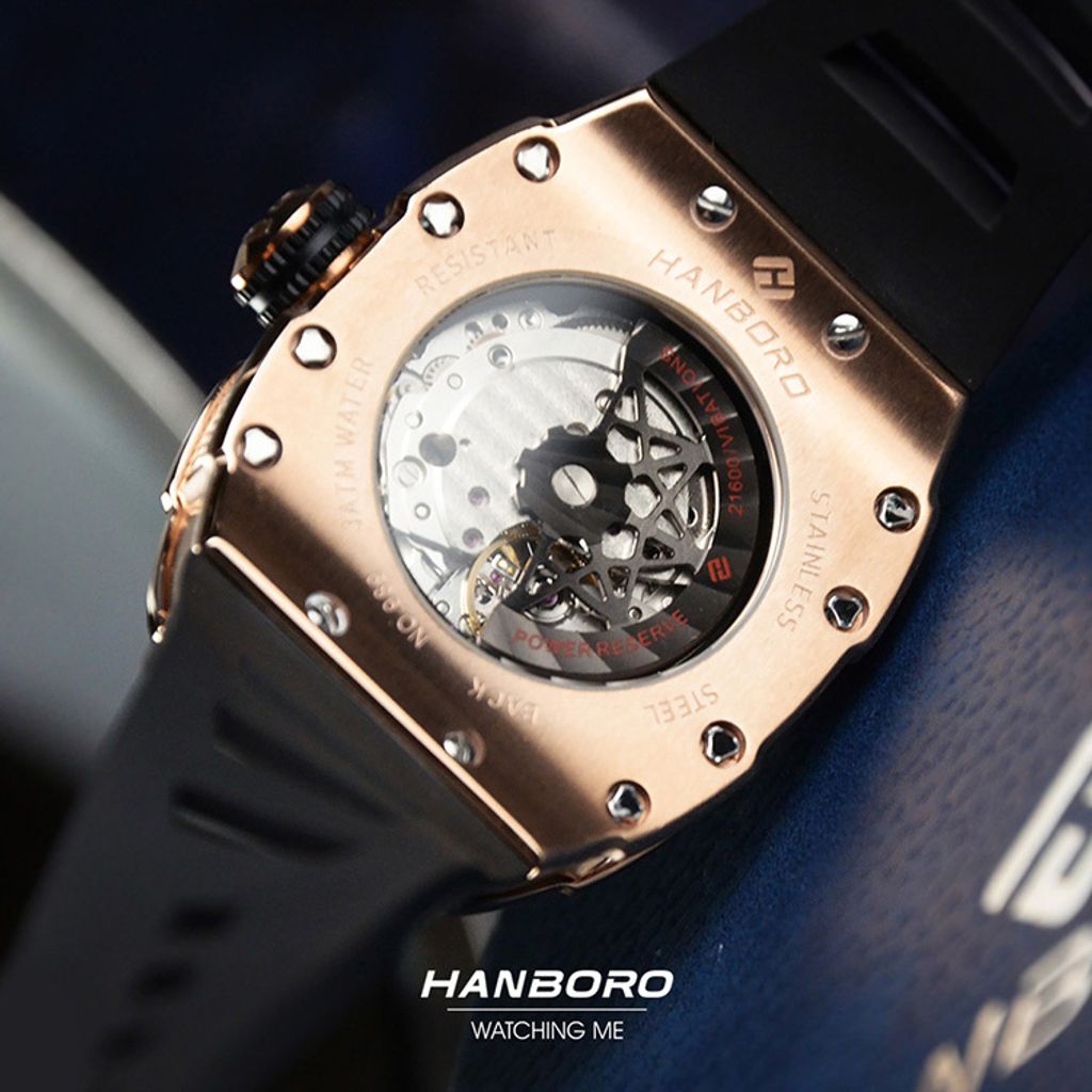 HANBORO | 991系列 991RBB | 玫瑰金錶框 飛輪全自動 鏤空設計機械錶 黑色橡膠錶帶 背面細節