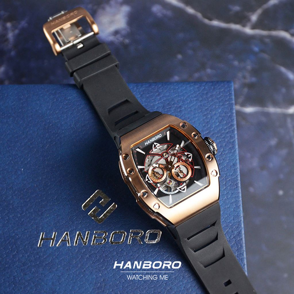 HANBORO | 991系列 991RBB | 玫瑰金錶框 飛輪全自動 鏤空設計機械錶 黑色橡膠錶帶 平攤展示