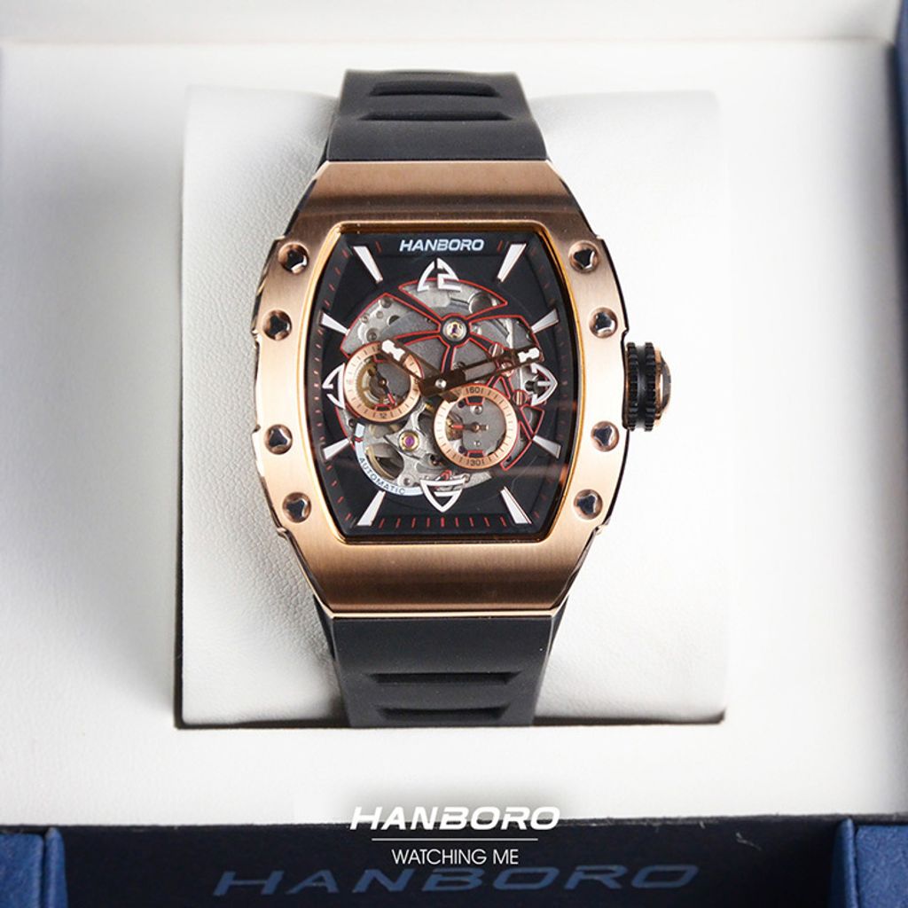 HANBORO | 991系列 991RBB | 玫瑰金錶框 飛輪全自動 鏤空設計機械錶 黑色橡膠錶帶 盒裝正面