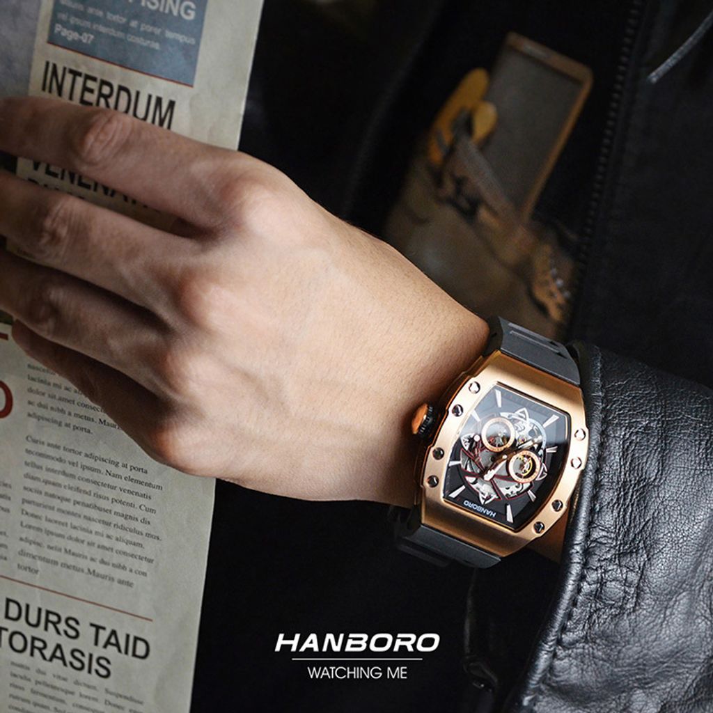 HANBORO | 991系列 991RBB | 玫瑰金錶框 飛輪全自動 鏤空設計機械錶 黑色橡膠錶帶 實戴細節