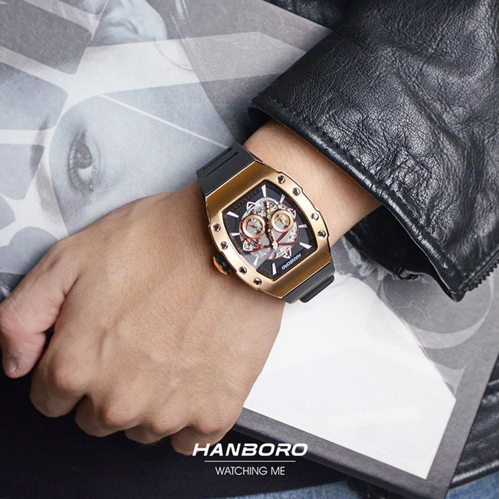 HANBORO | 991系列 991RBB | 玫瑰金錶框 飛輪全自動 鏤空設計機械錶 黑色橡膠錶帶 實戴展示