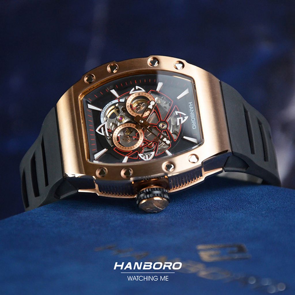 HANBORO | 991系列 991RBB | 玫瑰金錶框 飛輪全自動 鏤空設計機械錶 黑色橡膠錶帶 錶面細節