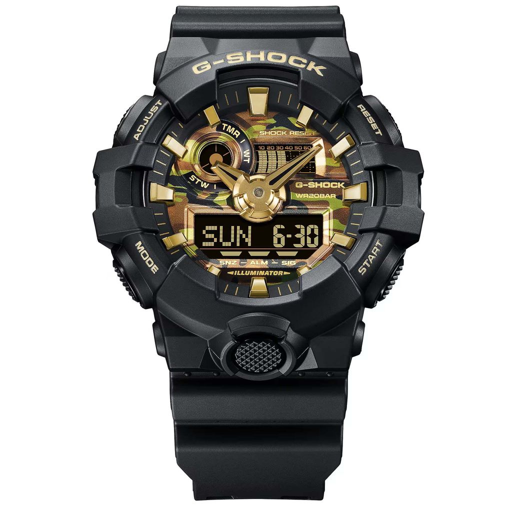 CASIO | G-SHOCK GA-700CF-1A | 2026年6月新款 黑金雙顯錶 金色街頭迷彩 男錶 正面