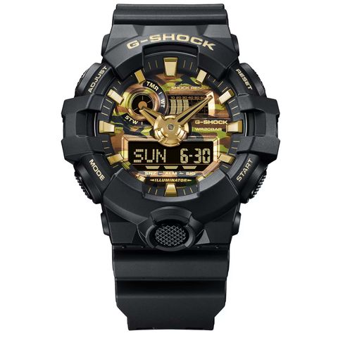 CASIO | G-SHOCK GA-700CF-1A | 2026年6月新款 黑金雙顯錶 金色街頭迷彩 男錶 正面