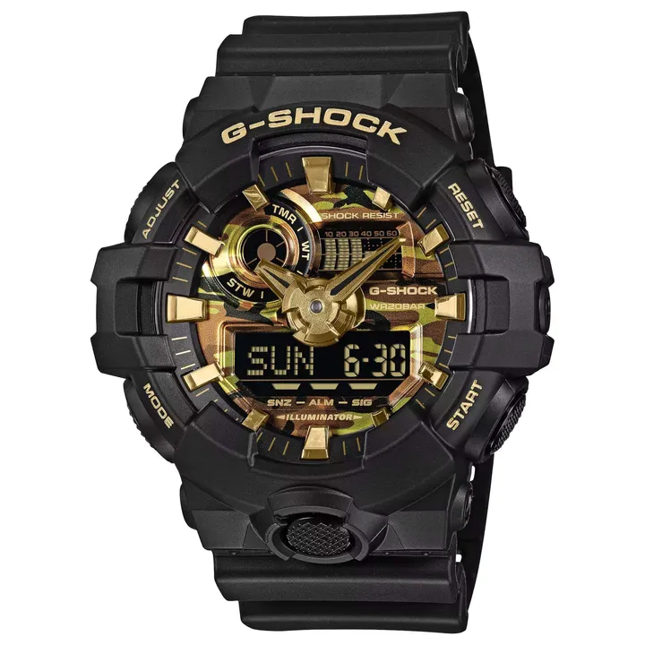 CASIO | G-SHOCK GA-700CF-1A | 2026年6月新款 黑金雙顯錶 金色街頭迷彩 男錶 正右側