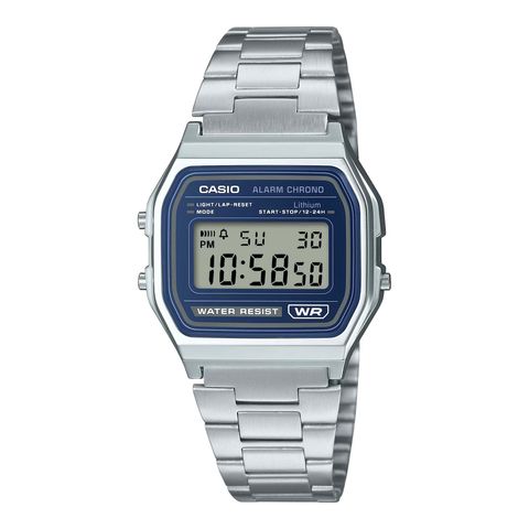 CASIO | A158WEA-2 | 復古 簡約銀色藍框電子錶 腕錶 學生必備 正面