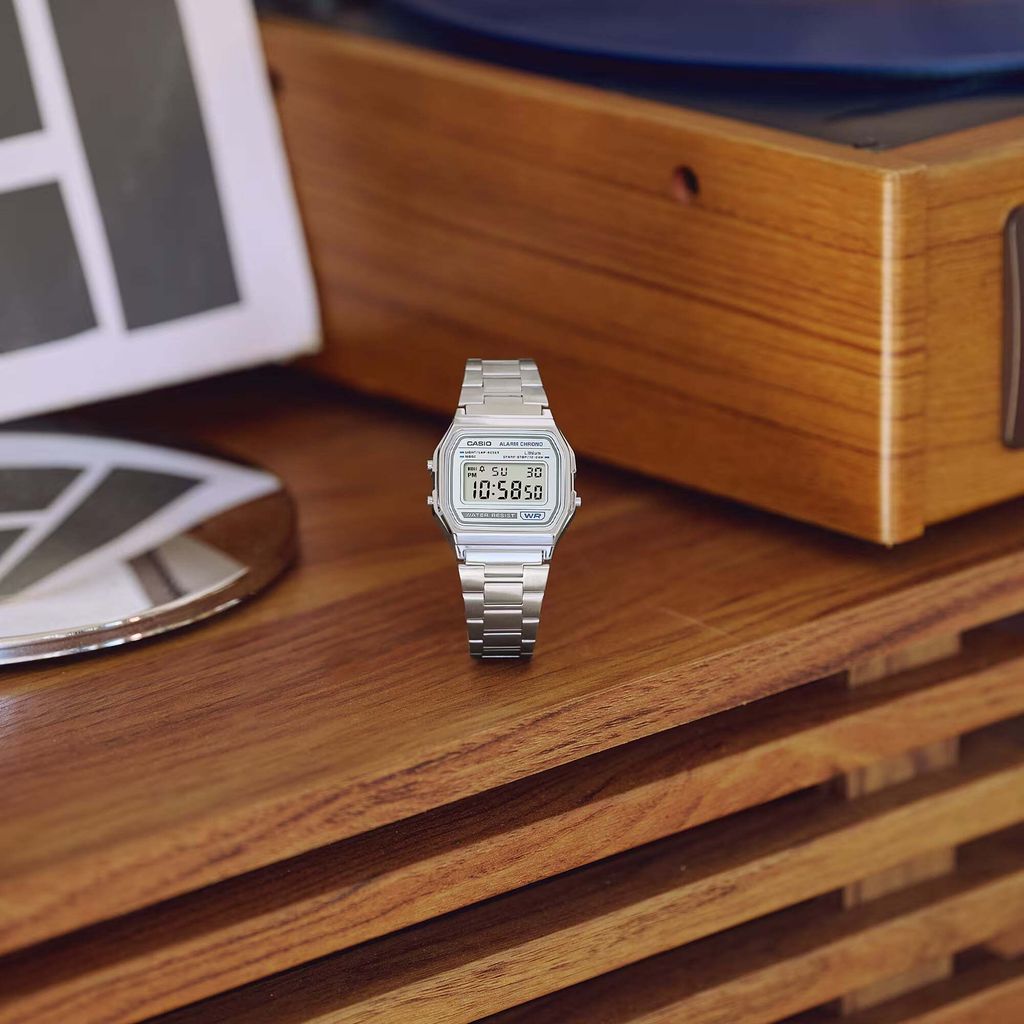 CASIO | A158WEA-7 | 復古 簡約銀色電子錶 腕錶 學生必備 正面實體