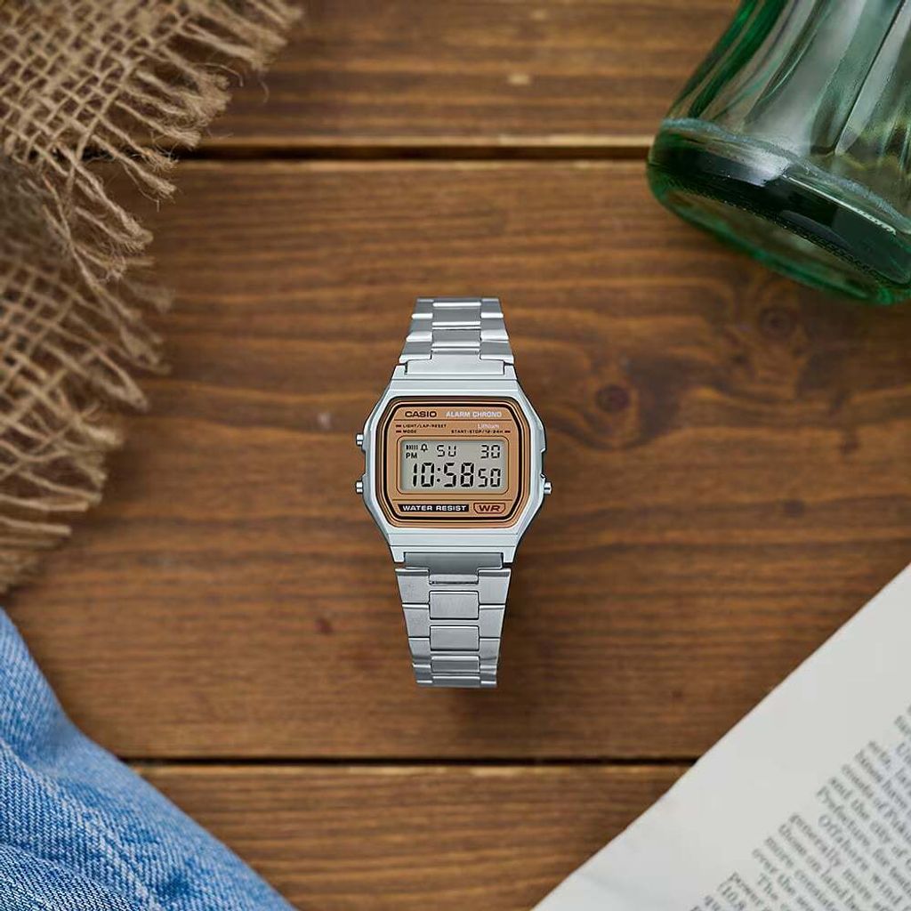 CASIO | A158WEA-9 | 復古 簡約銀色棕框電子錶 腕錶 學生必備 實體正面