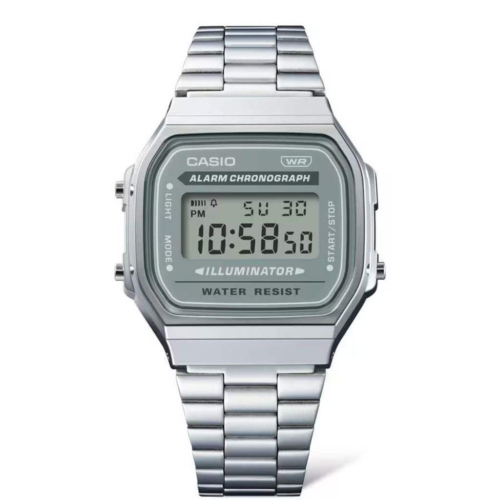 CASIO | A168WA-3AY | 復古 都會懷舊 銀色湖綠框電子錶 腕錶 學生必備 正面展示