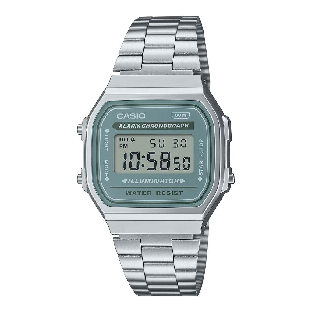 CASIO | A168WA-3AY | 復古 都會懷舊 銀色湖綠框電子錶 腕錶 學生必備 正面