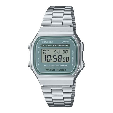CASIO | A168WA-3AY | 復古 都會懷舊 銀色湖綠框電子錶 腕錶 學生必備 正面
