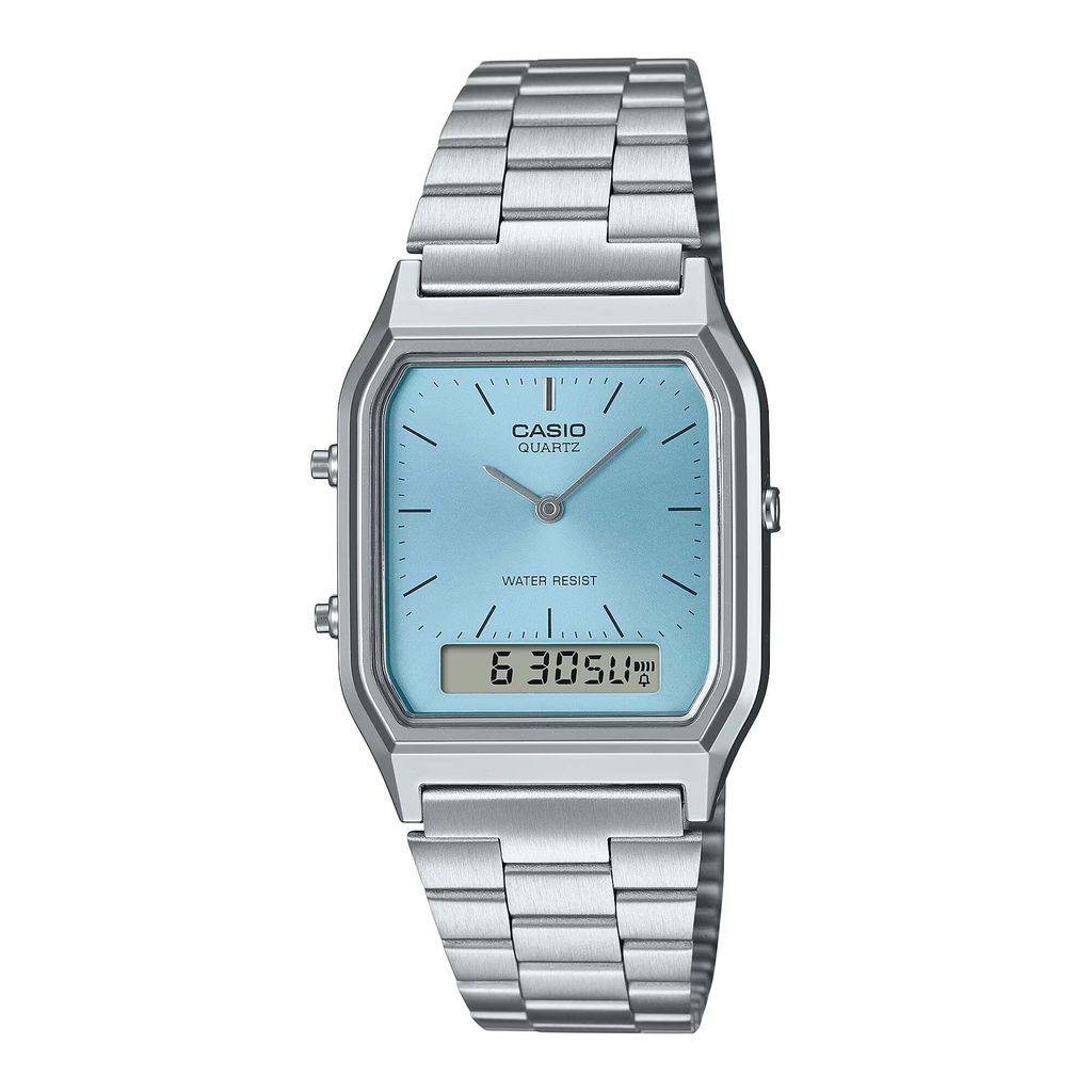 CASIO | AQ-230A-2A1MQY | 復古 數位雙顯 冰藍錶面銀色指針腕錶 學生必備 正面