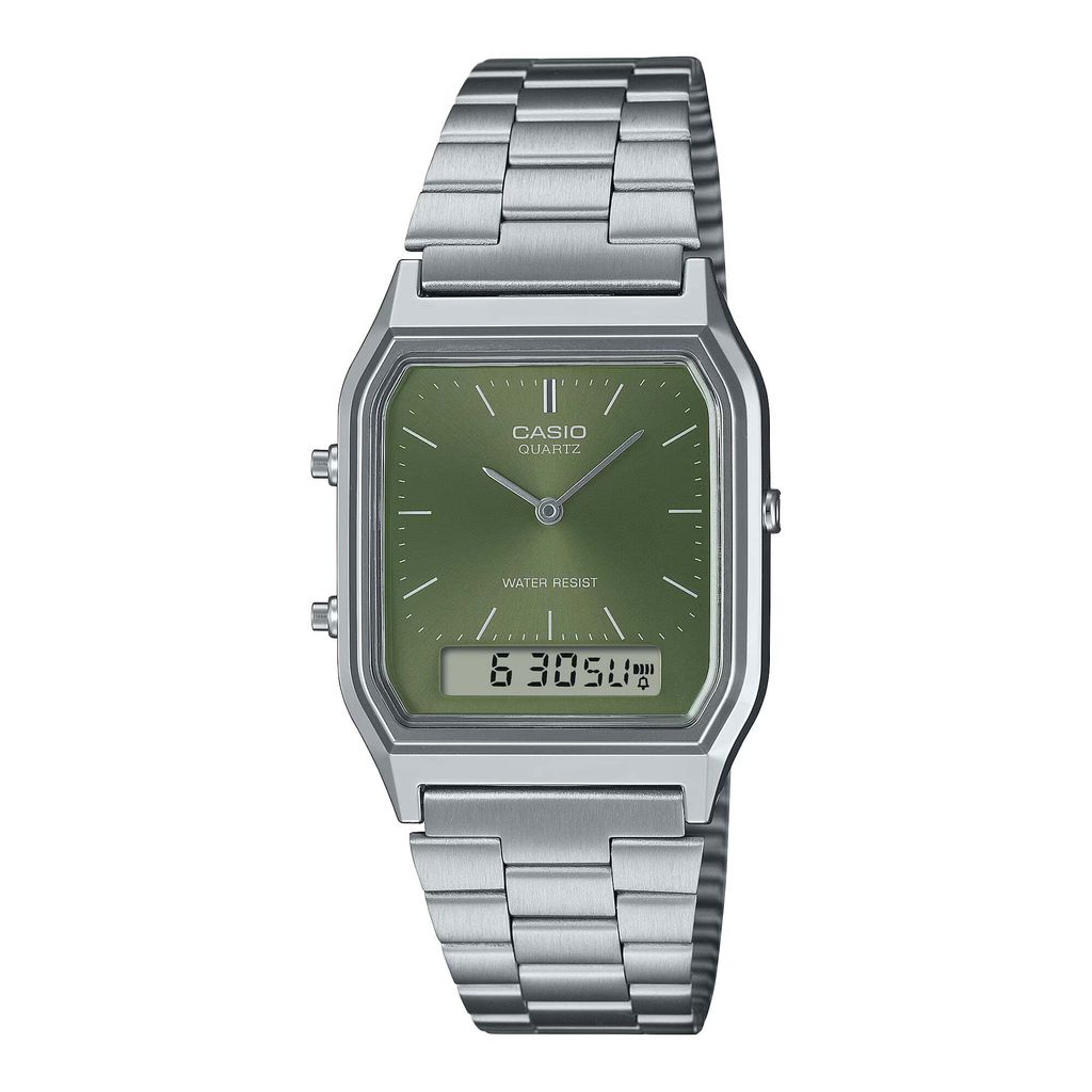 CASIO | AQ-230A-3AMQY | 復古 數位雙顯 綠松錶面銀色指針腕錶 學生必備 正面