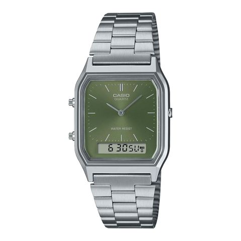 CASIO | AQ-230A-3AMQY | 復古 數位雙顯 綠松錶面銀色指針腕錶 學生必備 正面