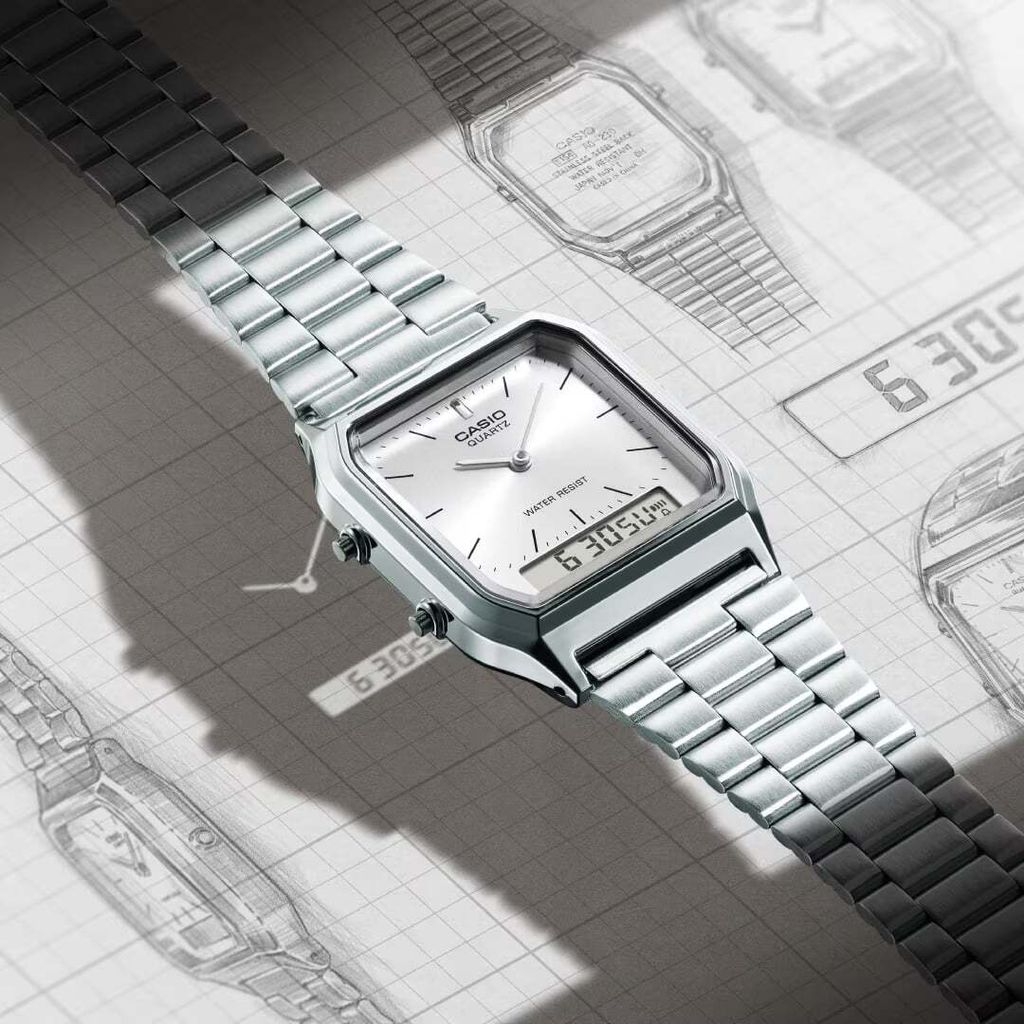 CASIO | AQ-230A-7AMQY | 復古 數位雙顯 銀白色錶面銀色指針腕錶 學生必備 示意圖