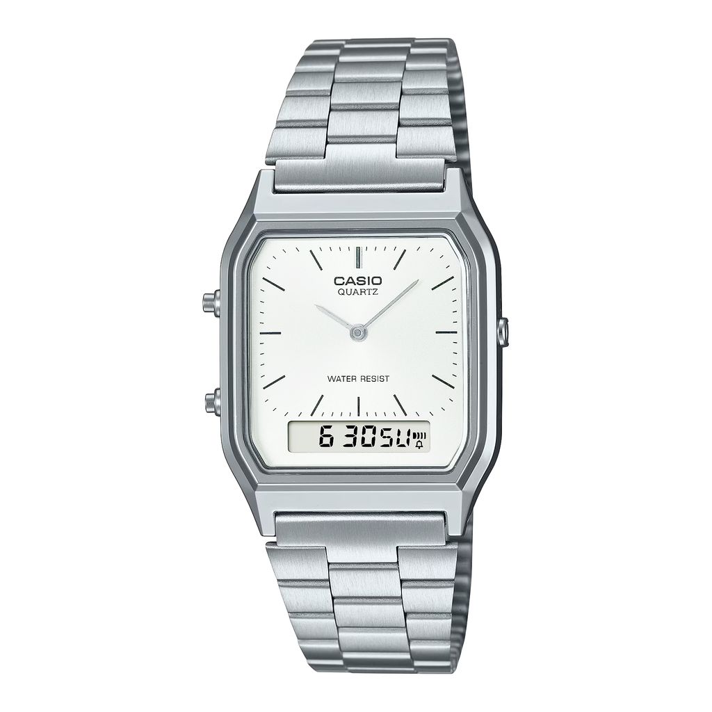 CASIO | AQ-230A-7AMQY | 復古 數位雙顯 銀白色錶面銀色指針腕錶 學生必備 正面