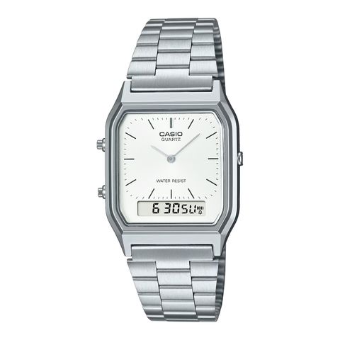 CASIO | AQ-230A-7AMQY | 復古 數位雙顯 銀白色錶面銀色指針腕錶 學生必備 正面