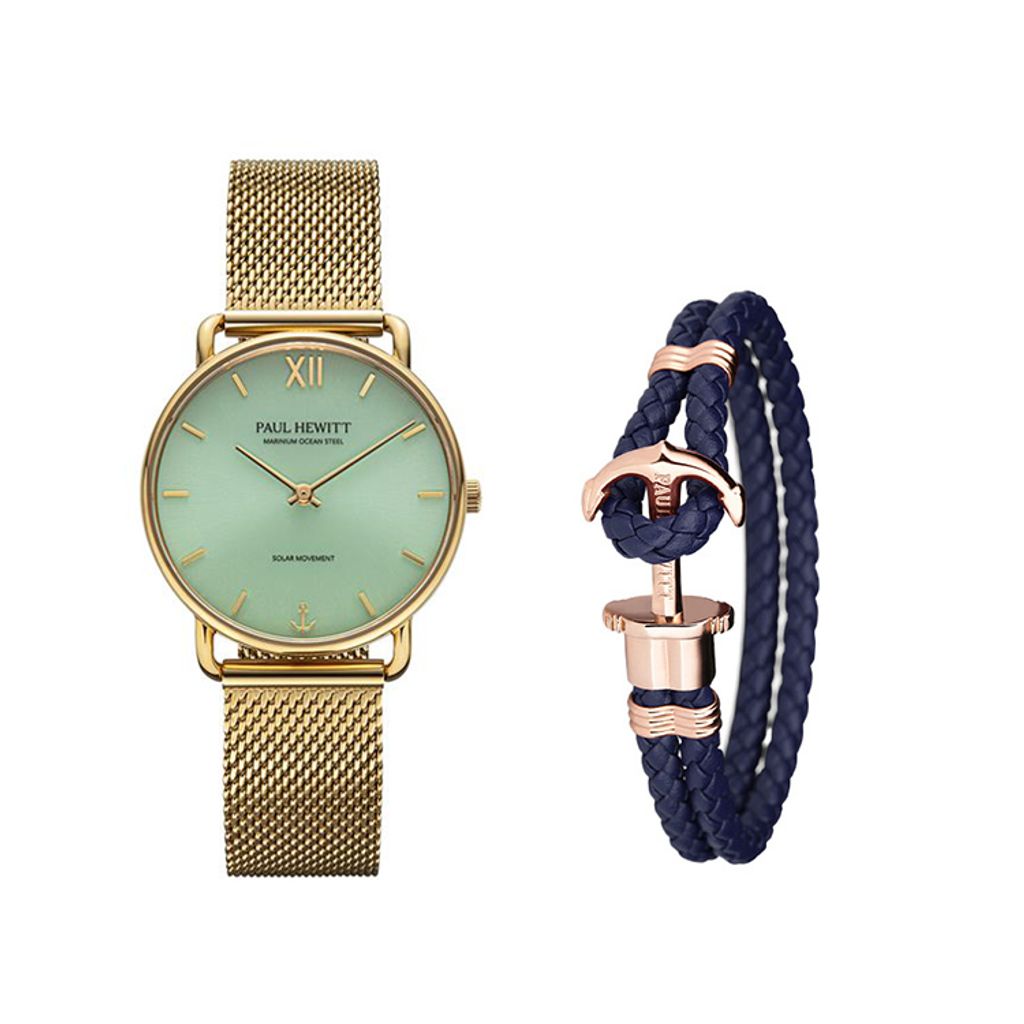 【甜蜜錶白 | 七夕禮盒】Paul Hewitt | Sailor PH-W-0512+ 手環 PH-L-R | 金色 綠面 米蘭帶 光動能腕錶套組