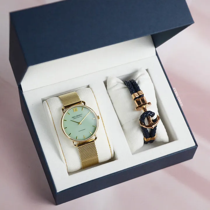 【甜蜜錶白 | 七夕禮盒】Paul Hewitt | Sailor PH-W-0512+ 手環 PH-L-R | 金色 綠面 米蘭帶 光動能腕錶套組 盒裝展示