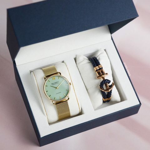 【甜蜜錶白 | 七夕禮盒】Paul Hewitt | Sailor PH-W-0512+ 手環 PH-L-R | 金色 綠面 米蘭帶 光動能腕錶套組 盒裝展示