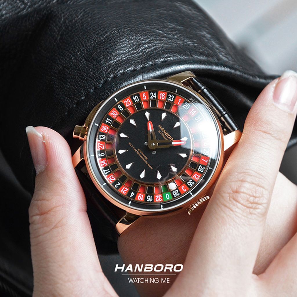 HANBORO | 1015-1RBB | 輪盤設計錶盤 玫瑰金框 黑色皮革錶帶 自動上鍊機械腕錶 實戴錶面細節