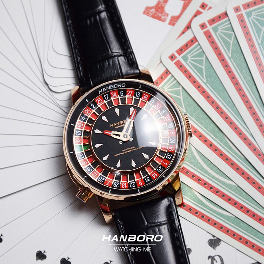 HANBORO | 1015-1RBB | 輪盤設計錶盤 玫瑰金框 黑色皮革錶帶 自動上鍊機械腕錶 錶面細節