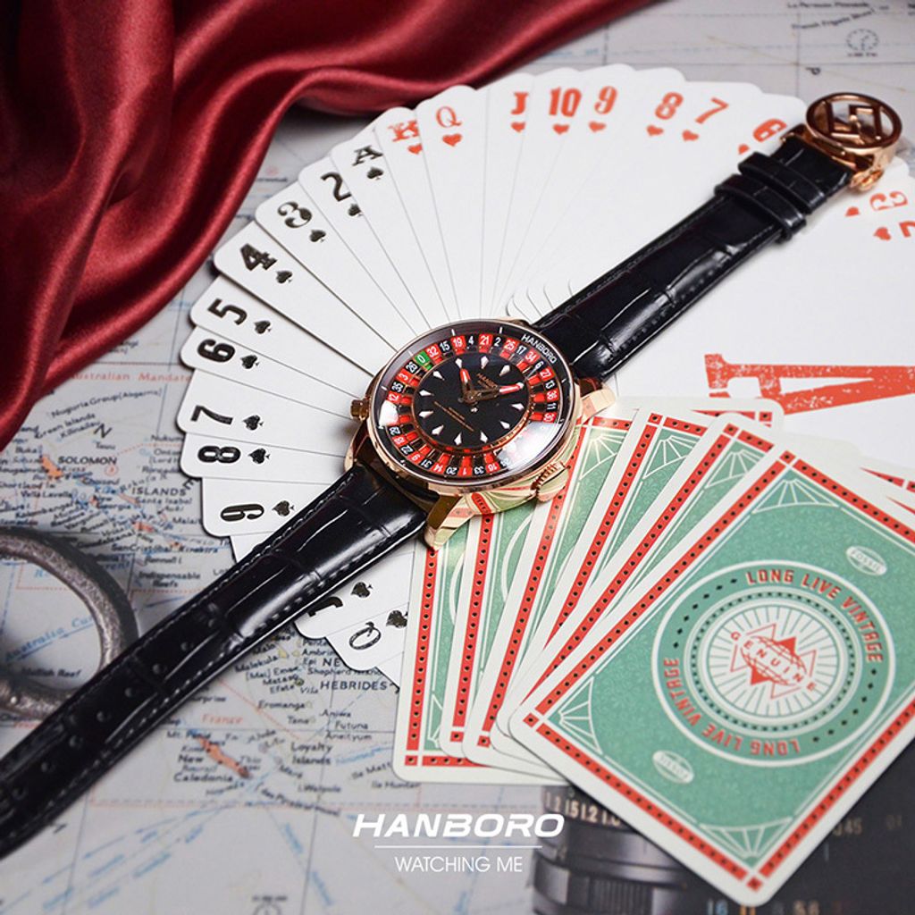HANBORO | 1015-1RBB | 輪盤設計錶盤 玫瑰金框 黑色皮革錶帶 自動上鍊機械腕錶 平攤展示