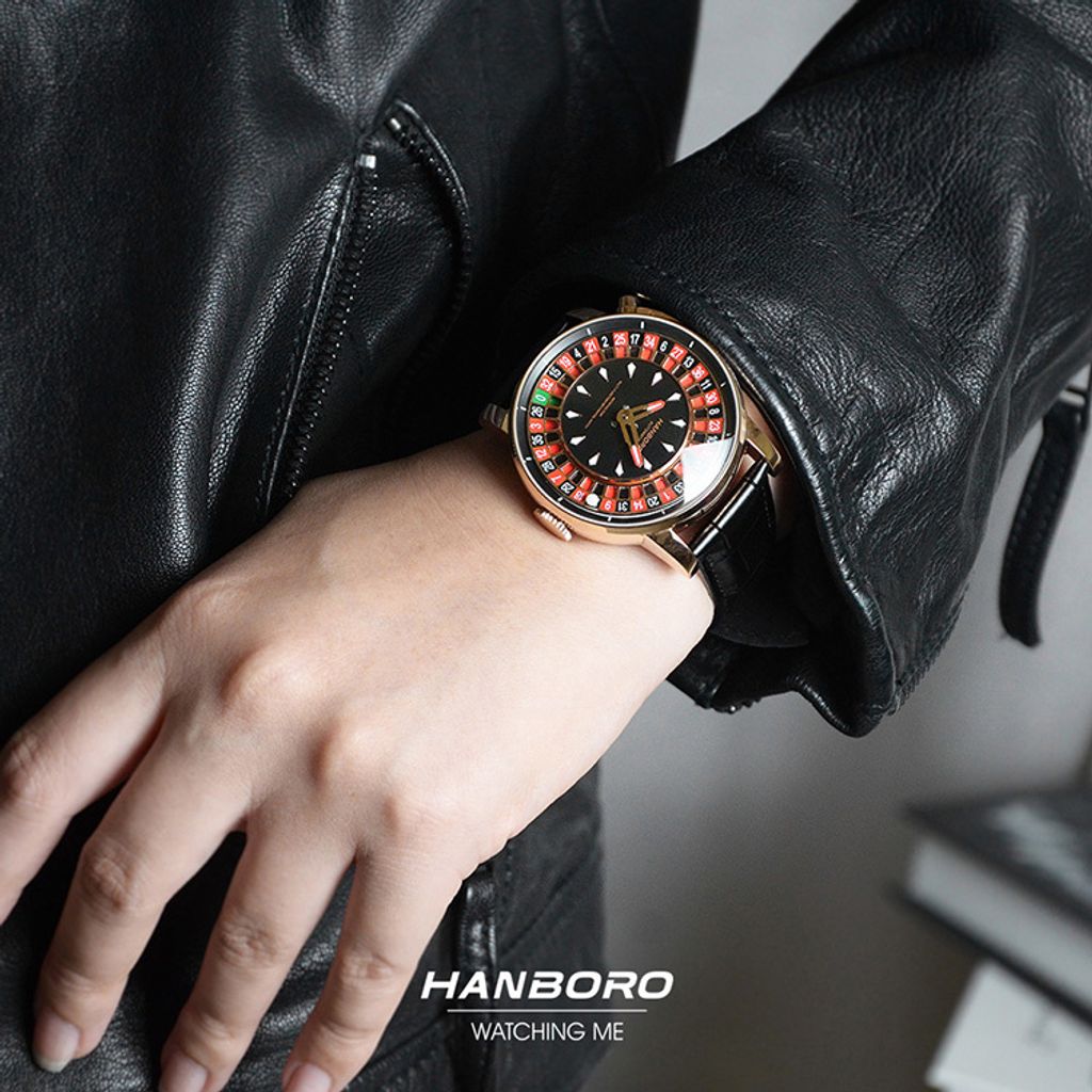HANBORO | 1015-1RBB | 輪盤設計錶盤 玫瑰金框 黑色皮革錶帶 自動上鍊機械腕錶 實戴展示