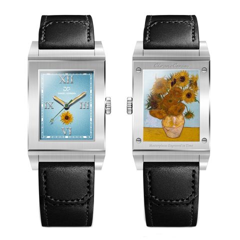 Daniel Gorman | ChronoCanvas DG9200.SG | 雋刻在時光中的名作 梵谷 向日葵 滑蓋翻面錶盤 指針式石英錶 黑色皮革錶帶 滑蓋正面展示